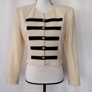 Vintage 1980s Cream and Black Striped Military Style Cropped Jacket